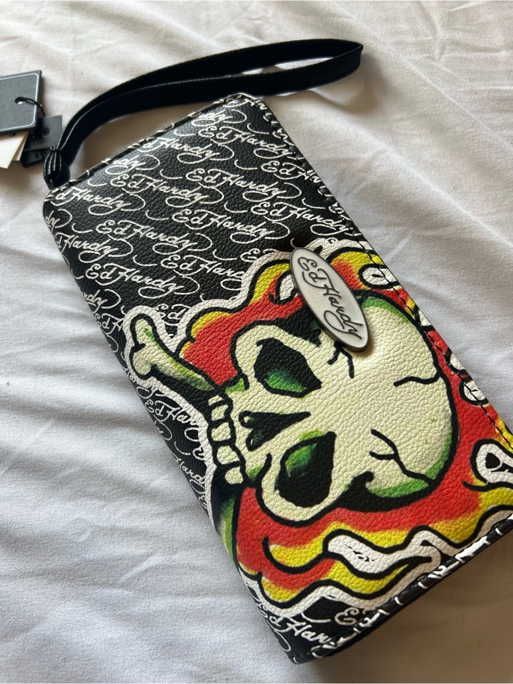 Ed Hardy Black Multicolor Skull Wristlet Clutch Y2K Gothic Tattoo NWT